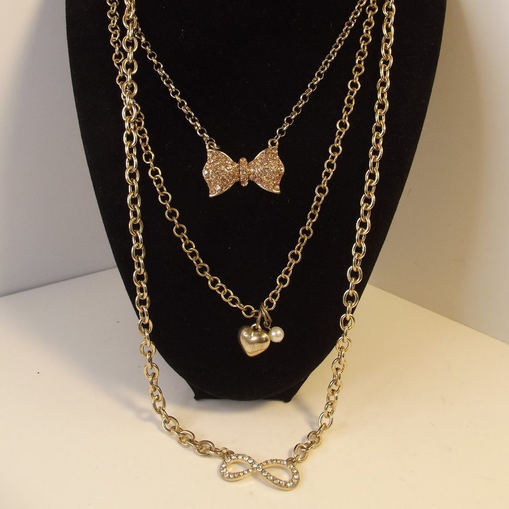 Necklace - Triple Chain Charms Pink Rhinestone Bow Faux Pearl Heart Infinity